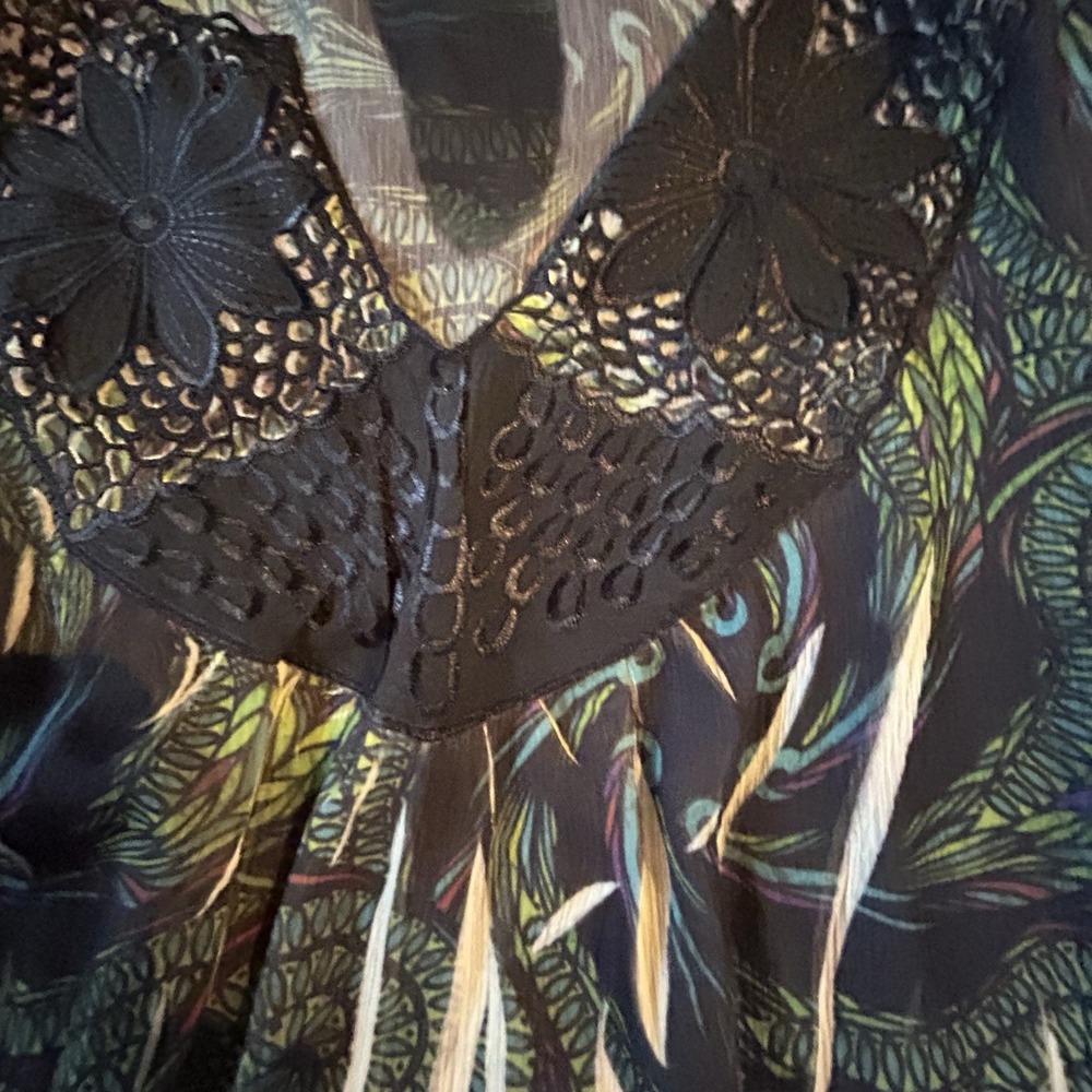 One World Boho Shirt Top Hippie Lace Peacock Green Blouse Embellished Top Size S - Picture 3 of 10